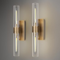 Brass Wall Sconces Set Of Two, 2-Light Dimmable Gold Sconces Wall Lighting 22.8 Inches Bathroom Sconces Over Mirror With Tube Glass Vanity Lighting Wall Lamp Wall Lights For Living Room, Hallway