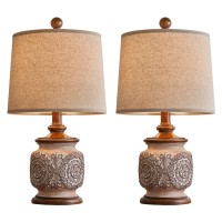 Pokat 18.75'' Farmhouse Vintage Table Lamp For Living Room Traditional Carved Floral Bedside Lamps For Bedroom Rustic Night Light Lamps Set Of 2