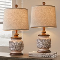 Pokat 18.75'' Farmhouse Vintage Table Lamp For Living Room Traditional Carved Floral Bedside Lamps For Bedroom Rustic Night Light Lamps Set Of 2