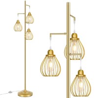 Lakumu Industrial Floor Lamp For Living Room Golden Farmhouse Floor Lamp With 3 Elegant Teardrop Cage Heads St58 Edison Led B