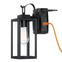 Pia Ricco Outdoor Porch Lights With Gfci Outlet, Matte Black Outside Wall Lantern With Clear Glass Shade, Waterproof Wall Mount Lighting Fixture, Exterior Sconce For House Patio Garage, Etl Listed