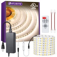 Hitlights White Led Strip Lights Kit With Remote & 12V Power Supply, 16.4Ft High Density Dimmable Tape Light 4000K, 600 Leds, 300Lm/Ft, Ul Listed, Flexible Rope Lights For Bedroom, Kitchen, Cabinet