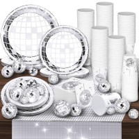 Marsui 121 Pcs 70S Disco Party Supplies Disco Ball Dinner Paper Plates Disco Paper Cups Disco Cocktail Napkins Table Runner For