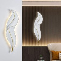 Qufute Feather Wall Light Modern Led Wall Sconce Lamp White Gold Elegant Feather Design Creative Light Fixture Feathers Wall Art Decor Lighting Living Bedroom Hallway,3 Color Mode