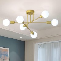 Soilsiu Modern Sputnik Chandelier Ceiling Light Fixture, 6-Light Mid Century Semi Flush Mount Ceiling Lights For Bedroom, Dining Room, Living Room, Kitchen, Office (Gold, W:22