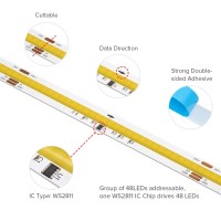 Btf-Lighting Fcob Addressable Ws2811 Ic Cct Cob Led Strip Flexible High Density Uniform Chasing White Light 16.4Ft Dc24V Tunable 3000K-6000K Cri 90+ 576Led/M Led Ribbon(No Adapter Or Controller)