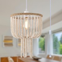 Boho Plug In Pendant Light Bead Plug In Chandelier Lighting With Cord Whitewashed Wood Beaded Plug-In Chandelier 1-Light