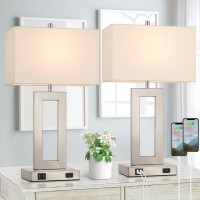 22'' Tall Table Lamps For Bedroom Set Of 2, Silver Bedside Touch Control Lamp With 2 Usb Ports&Ac Outlet, Modern Living Room Table Lamp For Nightstand End Table, 3-Way Dimming With 2 E26 Edison Bulbs