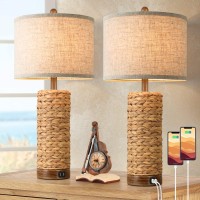 Set Of 2 Rattan Table Lamps For Living Room With 2 Usb Ports 27In Tall Bedroom Lamp Costal Farmhouse Rustic Woven Seagrass Bed