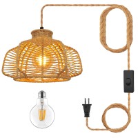 Yiizon Plug In Pendant Light Rattan Hanging Lights With Plug In Cord Bamboo Hanging Lamp Handmade Woven Boho Wicker Basket Lamp