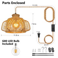 Yiizon Plug In Pendant Light Rattan Hanging Lights With Plug In Cord Bamboo Hanging Lamp Handmade Woven Boho Wicker Basket Lamp