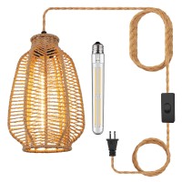 Yiizon Plug In Pendant Light Hanging Lamp With On/Off Switch 14Ft Hemp Rope Cord Bamboo Lampshade Wicker Rattan Hanging Lights Fixture With Plug In Cord Pendant Lamp