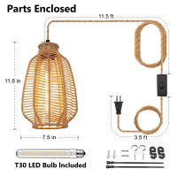 Yiizon Plug In Pendant Light Hanging Lamp With On/Off Switch 14Ft Hemp Rope Cord Bamboo Lampshade Wicker Rattan Hanging Lights Fixture With Plug In Cord Pendant Lamp