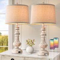 Tall Table Lamps Set Of 2, 28?Vintage Table Lamps With Dual Usb Ports, Resin Bedside Lamps With Rotary Switch, Nightstand Lamps With E26 Base, Desk Lamp With Fabric Shade For Living Room Bedroom