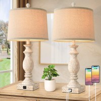 Table Lamps Set Of 2-26.5?Ustic Table Lamps With Usb Ports, Farmhouse Bedroom Lamps With Rotary Switch & E26 Base, Vintage Bedside Nightstand Lamps With Fabric Shade For Hotel Bedroom Living Room