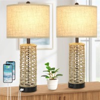 Verron Rattan Table Lamps Set Of 2, Dual Usb Ports Bedside Lamps With Rotary Switch, Woven Boho Nightstand Lamps With Cream Fabric Shade, Farmhouse Desk Lamp For Bedroom Living Room Reading Dorm Hotel