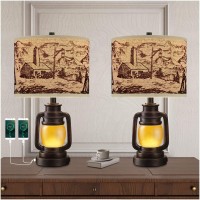 Aidenoey Lantern Table Lamp Set Of 2 With Nightlight Usb Ac Power Outlet Dark Bronze Linen Fabric Hardback Shade Home Decor For Living Room Bedroom House Bedside Nightstand Home Office Family