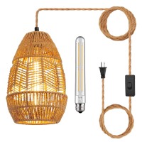 Tebio Plug In Pendant Light Rattan Hanging Lights With Plug In Cord 15Ft Hemp Rope Cord, On/Off Switch Chandelier For Boho Living Room Bedroom Kitchen(Bulb Included) 11 X 7 Inch