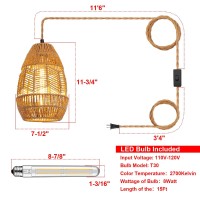 Tebio Plug In Pendant Light Rattan Hanging Lights With Plug In Cord 15Ft Hemp Rope Cord, On/Off Switch Chandelier For Boho Living Room Bedroom Kitchen(Bulb Included) 11 X 7 Inch