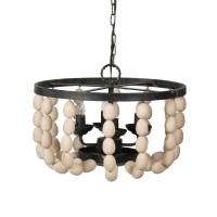 Jonas 19 Inch 4 Light Chandelier, Beaded, Fir Wood, Iron, Off White, Rustic Black