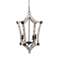 Zac 18 Inch Unique 4 Light Chandelier, Fir Wood, Iron, Antique White, Black