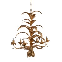 26 Inch 6 Light Chandelier, Iron, Cascading Leaves, Vintage, Classic, Gold