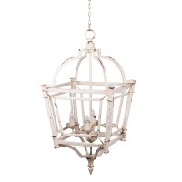 18 Inch Chandelier, Birdcage Design Iron, Farmhouse Weathered Antique White