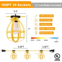 Yaoledly 100Ft Construction String Lights 100W 11 Bulbs Work Lights With E26 Base Construction Lights Ip65 Waterproof 8000Lm