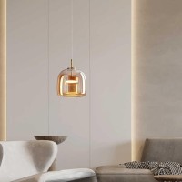 Qufute Led Glass Pendant Light Fixtures Gold Mid Century Modern Hanging Pendant Light With Amber Mouth Blown Glass Shade Round Glass Hanging Lighting For Kitchen Dining Room