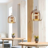 Qufute Led Glass Pendant Light Fixtures Gold Mid Century Modern Hanging Pendant Light With Amber Mouth Blown Glass Shade Round Glass Hanging Lighting For Kitchen Dining Room