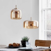 Qufute Led Glass Pendant Light Fixtures Gold Mid Century Modern Hanging Pendant Light With Amber Mouth Blown Glass Shade Round Glass Hanging Lighting For Kitchen Dining Room