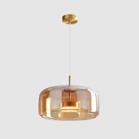 Qufute Modern Led Glass Pendant Lighting Mid Century 1-Lights Gold Pendant Light With Amber Mouth Blown Glass Shade Round Glass Hanging Light Fixtures For Kitchen Dining Room