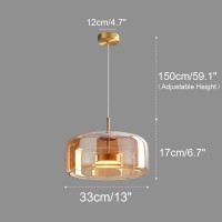 Qufute Modern Led Glass Pendant Lighting Mid Century 1-Lights Gold Pendant Light With Amber Mouth Blown Glass Shade Round Glass Hanging Light Fixtures For Kitchen Dining Room