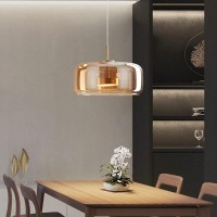 Qufute Modern Led Glass Pendant Lighting Mid Century 1-Lights Gold Pendant Light With Amber Mouth Blown Glass Shade Round Glass Hanging Light Fixtures For Kitchen Dining Room