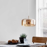 Qufute Modern Led Glass Pendant Lighting Mid Century 1-Lights Gold Pendant Light With Amber Mouth Blown Glass Shade Round Glass Hanging Light Fixtures For Kitchen Dining Room