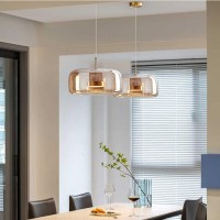 Qufute Modern Led Glass Pendant Lighting Mid Century 1-Lights Gold Pendant Light With Amber Mouth Blown Glass Shade Round Glass Hanging Light Fixtures For Kitchen Dining Room