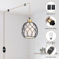 Ruzectt Plug In Pendant Light Hanging Light With Plug In Cord Black Hanging Lamp With Dimmable Switch 15 Ft Golden Cotton Cord H