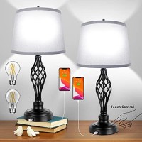 Litosky Set Of 2 Touch Control Table Lamp, 3-Way Dimmable Bedroom Lamp With Usb Port Ac Outlet Nightstand Bedside Lamp For Living Room, 22In, Gray Shade, Daylight White Bulbs Included