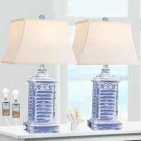 Coastal Table Lamps For Bedrooms Set Of 2 Farmhouse Bedside Lamp For Living Room Modern 3Color Temperature Blue Washed Nightsta