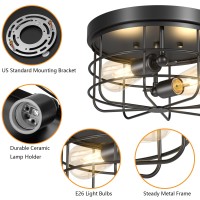 Lomoky 2-Light Farmhouse Light Fixtures Ceiling Mount, Black Flush Mount Ceiling Lighting Vintage Metal Cage Close To Ceiling Lamp For Kitchen, Hallway, Living Room, Bedroom