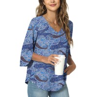 Taohuadao Womens 2023 Casual V-Neck Loose Tunic Top For Leggings 34 Sleeve Chiffon Blouse Shirt Tops Small, Fl Cashew Cyan-Blue