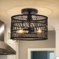 Ayshwilldec Black Rattan Chandelier Drum Chandelier Boho Light Fixture Rattan Semi Flush Mount Ceiling Light Woven Rattan Flush Mount Ceiling Light For Bedroom Living Room Kitchen Foyer(Bulb Incl.)