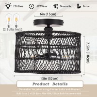 Ayshwilldec Black Rattan Chandelier Drum Chandelier Boho Light Fixture Rattan Semi Flush Mount Ceiling Light Woven Rattan Flush Mount Ceiling Light For Bedroom Living Room Kitchen Foyer(Bulb Incl.)