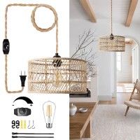 Ayshwilldec Plug In Pendant Light Rattan Chandelier Woven Plug In Chandelier Wicker Pendant Light Light With 15Ft Plug In Rustic Farmhouse Pendant Lights For Bedroom Dining Room Living Room(Bulb Incl)