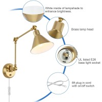 Trlife Wall Sconce Plug In, Brushed Brass Dimmable Wall Sconce Swing Arm Wall Lights Plug In Wall Mounted Light With 6Ft Plug In Cord, E26 Base, Ul Listed(1 Pack)