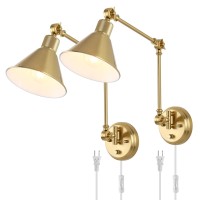 Trlife Wall Sconces Plug In, Dimmable Wall Sconce Brushed Brass Swing Arm Wall Lights Plug In Wall Mounted Light Industrial Wall Lights With 6Ft Plug In Cord, E26 Base, Ul Listed(Set Of 2)