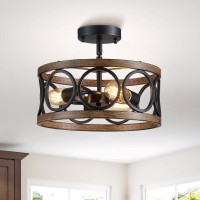 Peskoe Black Ceiling Light Modern Semi Flush Mount 3-Light, Drum Bedroom Dining Room Light Fixture, 13'' Farmhouse Lamp For Kitchen Hallway, Wood Grain Ceiling Lights With Round Metal Shade