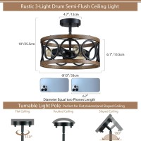 Peskoe Black Ceiling Light Modern Semi Flush Mount 3-Light, Drum Bedroom Dining Room Light Fixture, 13'' Farmhouse Lamp For Kitchen Hallway, Wood Grain Ceiling Lights With Round Metal Shade