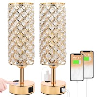 Hong-In Gold Lamps Set Of 2, Dimmable Gold Lamps For Nightstand With Usb-C+A & Ac Charging Ports, 3-Way Usb Crystal Lamp, Bedside Desk Light For Bedroom Living Room Home Office(Bulb Included)