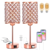 Hong-In Rose Gold Lamp Set Of 2-3-Way Crystal Table Lamp Touch Control With Usb-C+A & Ac Ports, Dimmable Nightstand Desk Light, Pink Bedside Table Lamp For Bedroom(Bulb Included & Set Of 2)